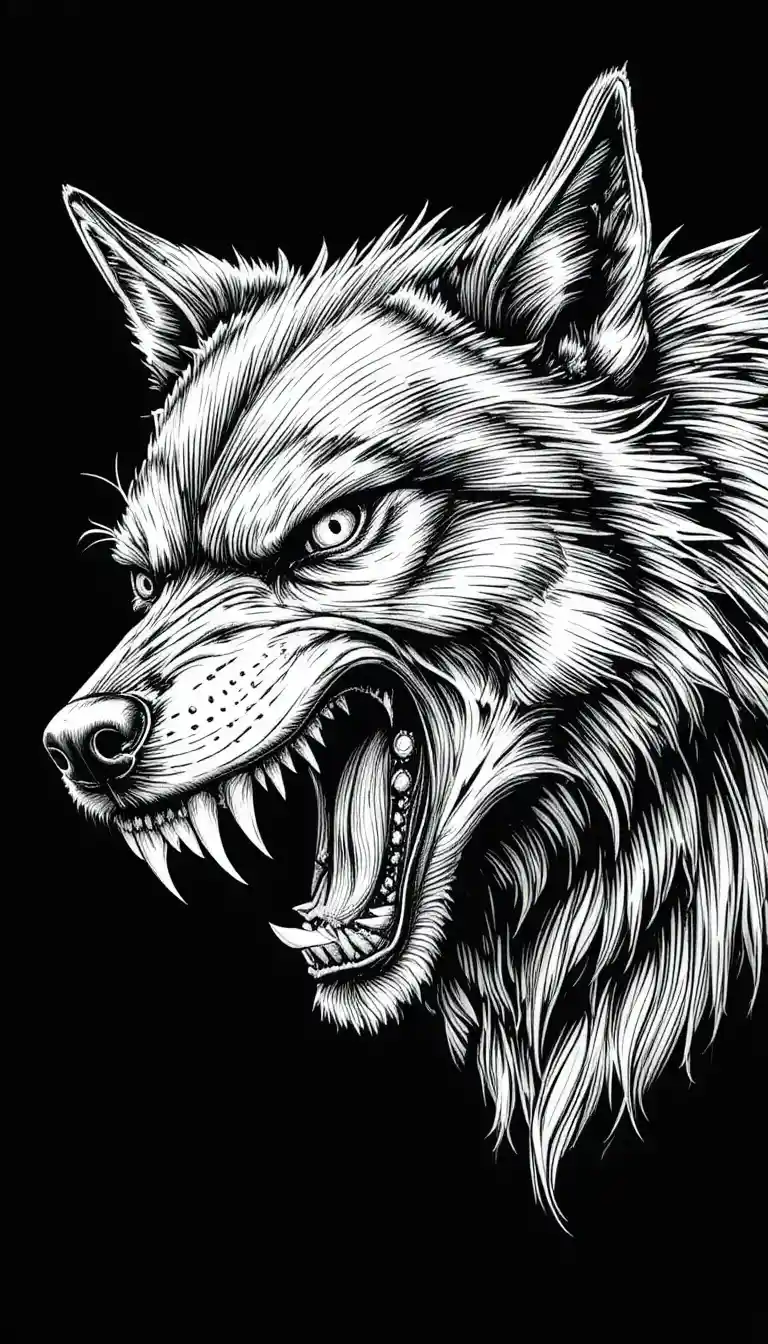 Snarling wolf head close up in black and white drawing