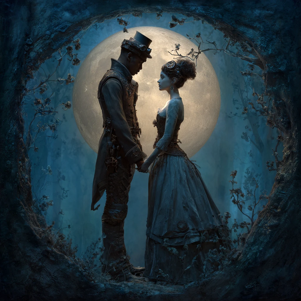 Dark steampunk couple holding hands in moonlit forest