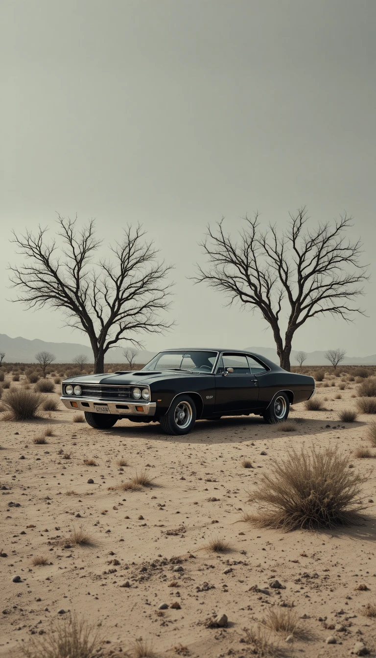 Vintage muscle car in a bleak desert with bare trees
