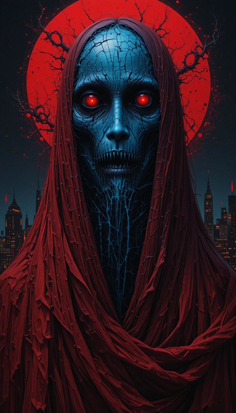 Creepy blue faced figure with glowing red eyes in red cloth