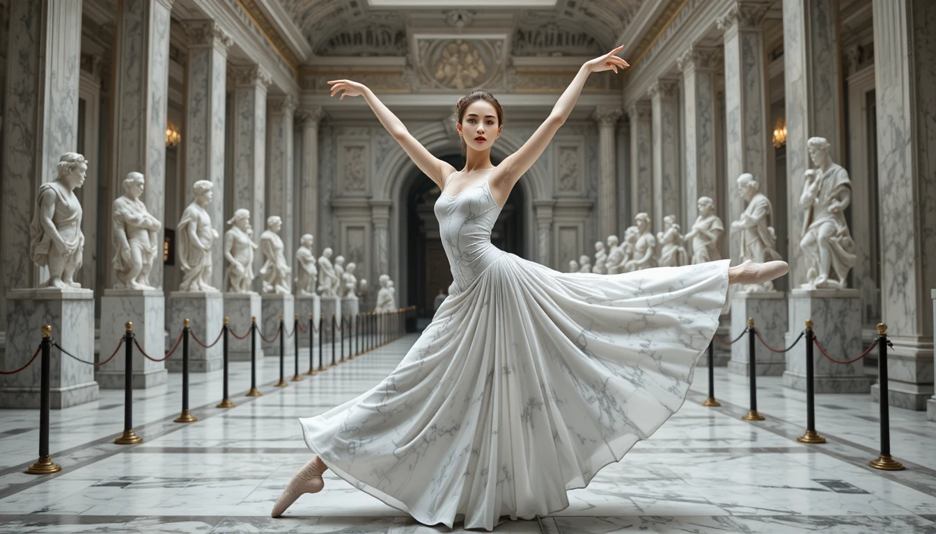 Young woman dancing in a marble museum hall