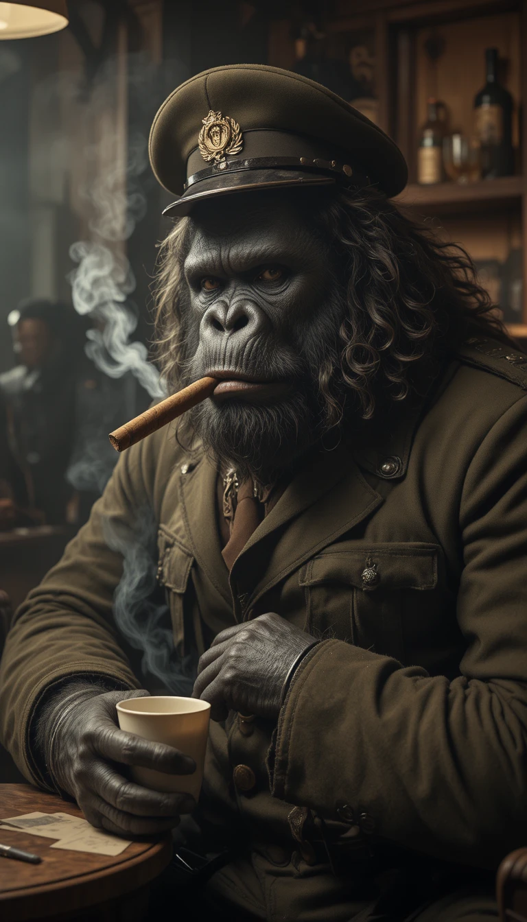 Gorilla muscoloso in uniforme militare vintage che fuma in una stanza in penombra