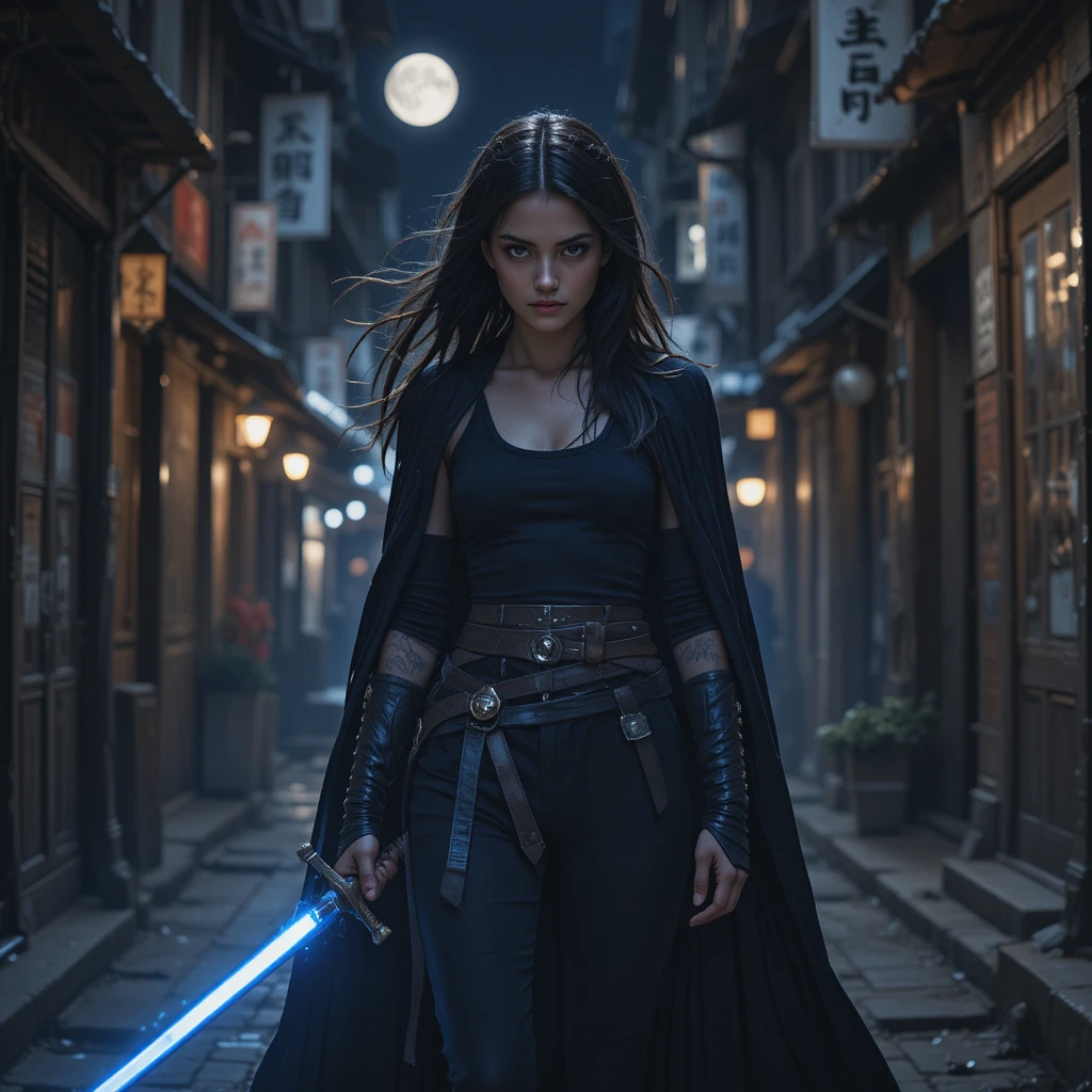 Dark haired warrior woman in a moonlit city alley