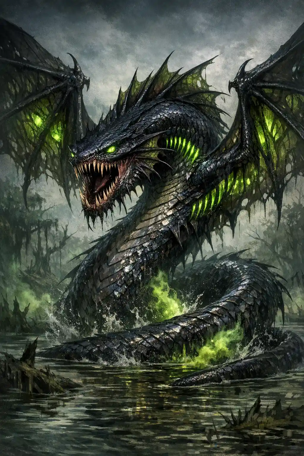 Winged swamp dragon with glowing veins and razor teeth