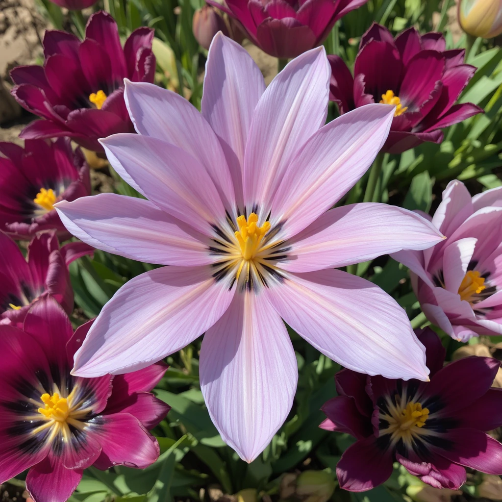 Botanical tulips in soft lilac and deep magenta bloom