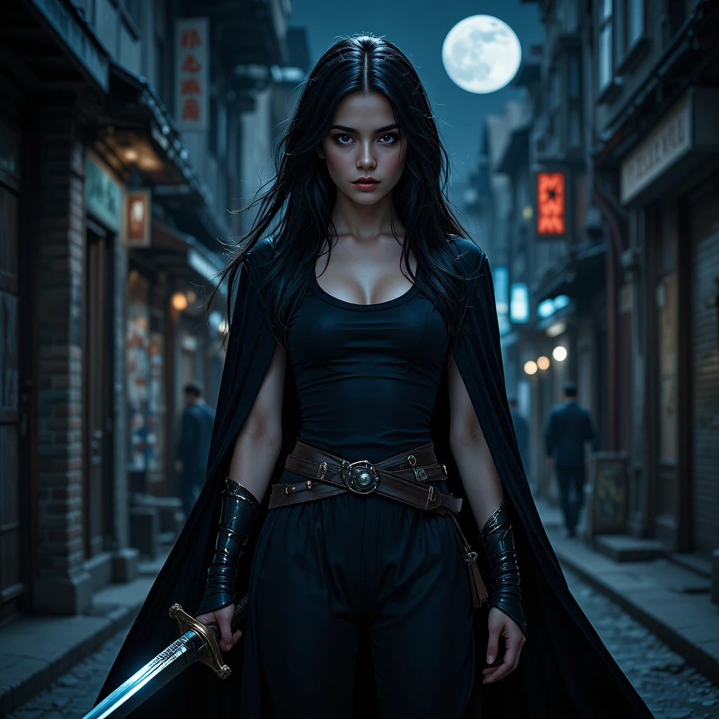 Dark haired warrior woman in a moonlit city alley