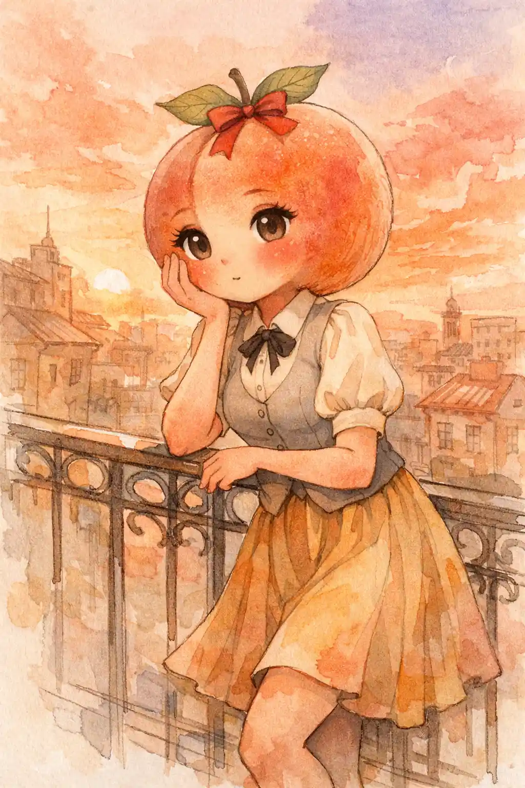 Donna pesca antropomorfa su un balcone al tramonto