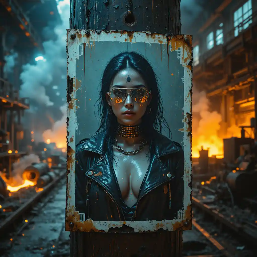 Cinematic portrait of a digitizing woman in molten foundry