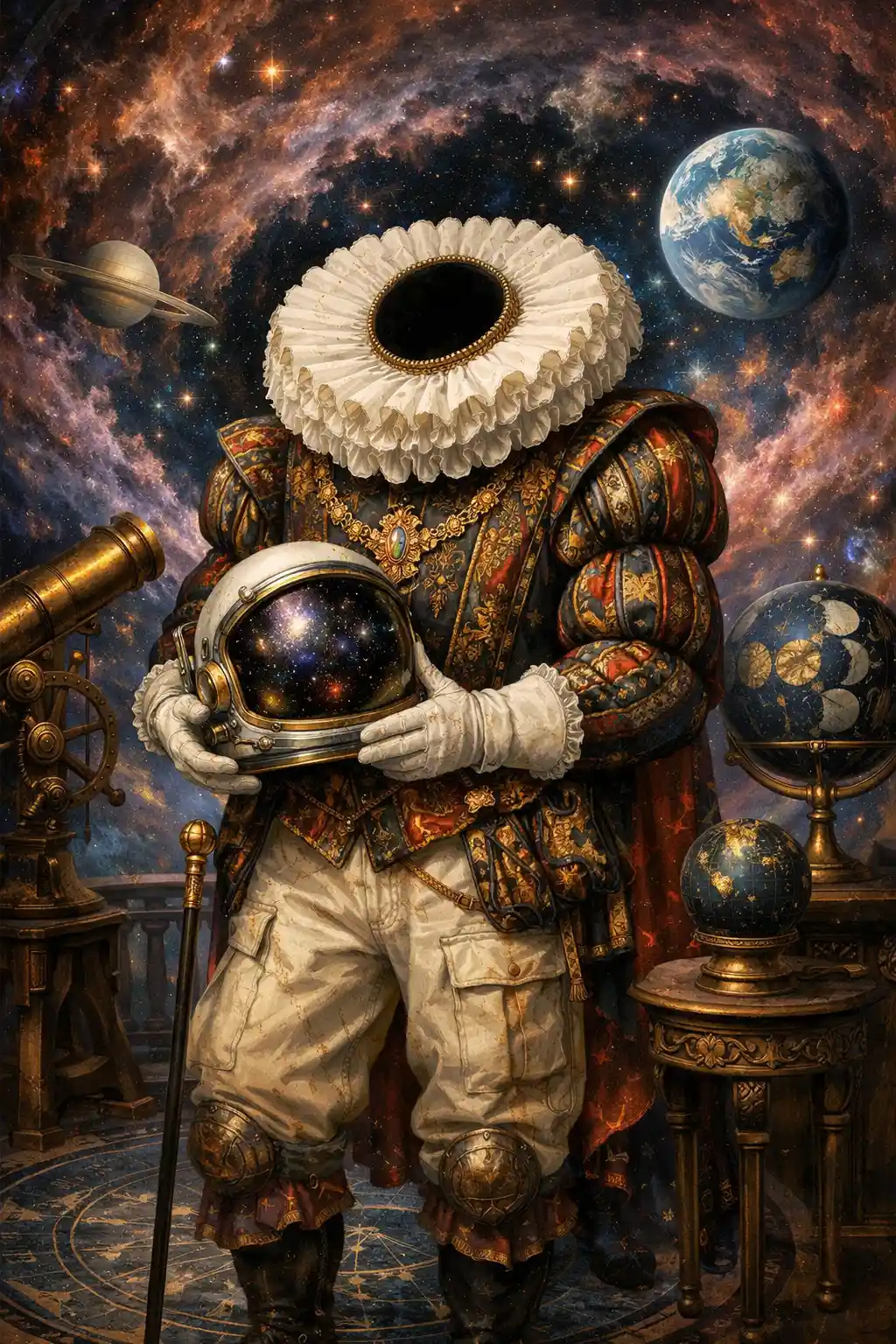 Renaissance figure with ruffled collar holding astronaut helmet