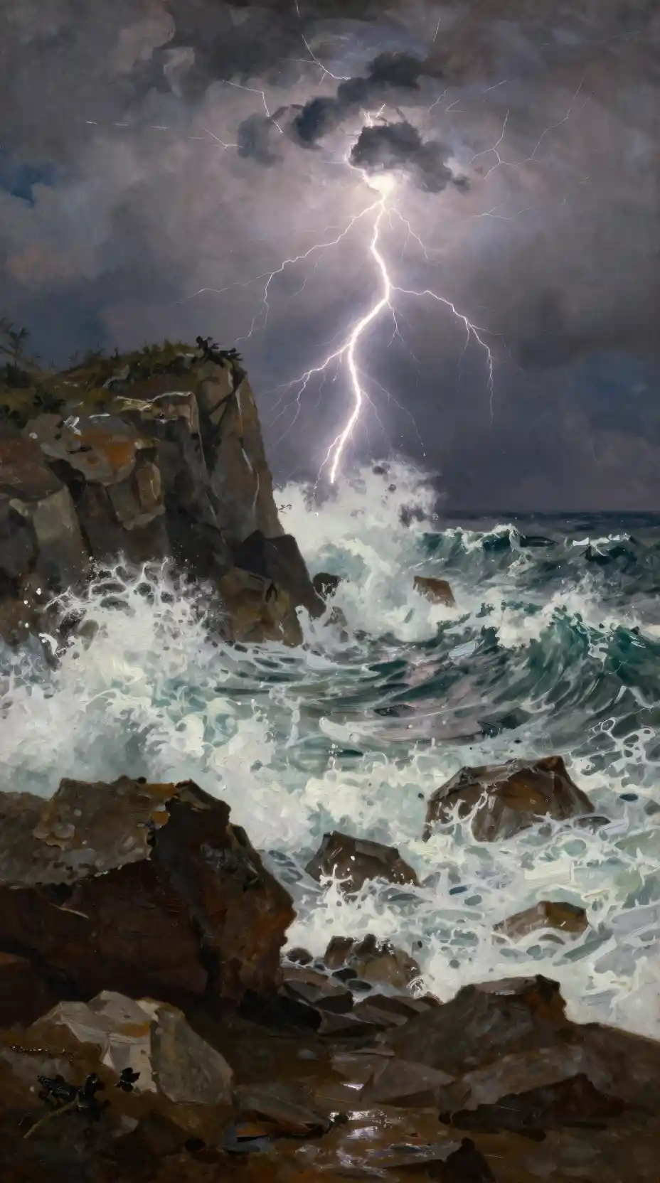 Lightning storm over a wild rocky coastline at night