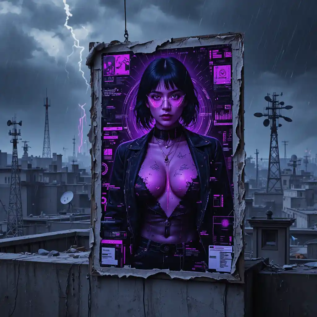 Cyberpunk-Femme-fatale-Poster an einer stürmischen Dachwand