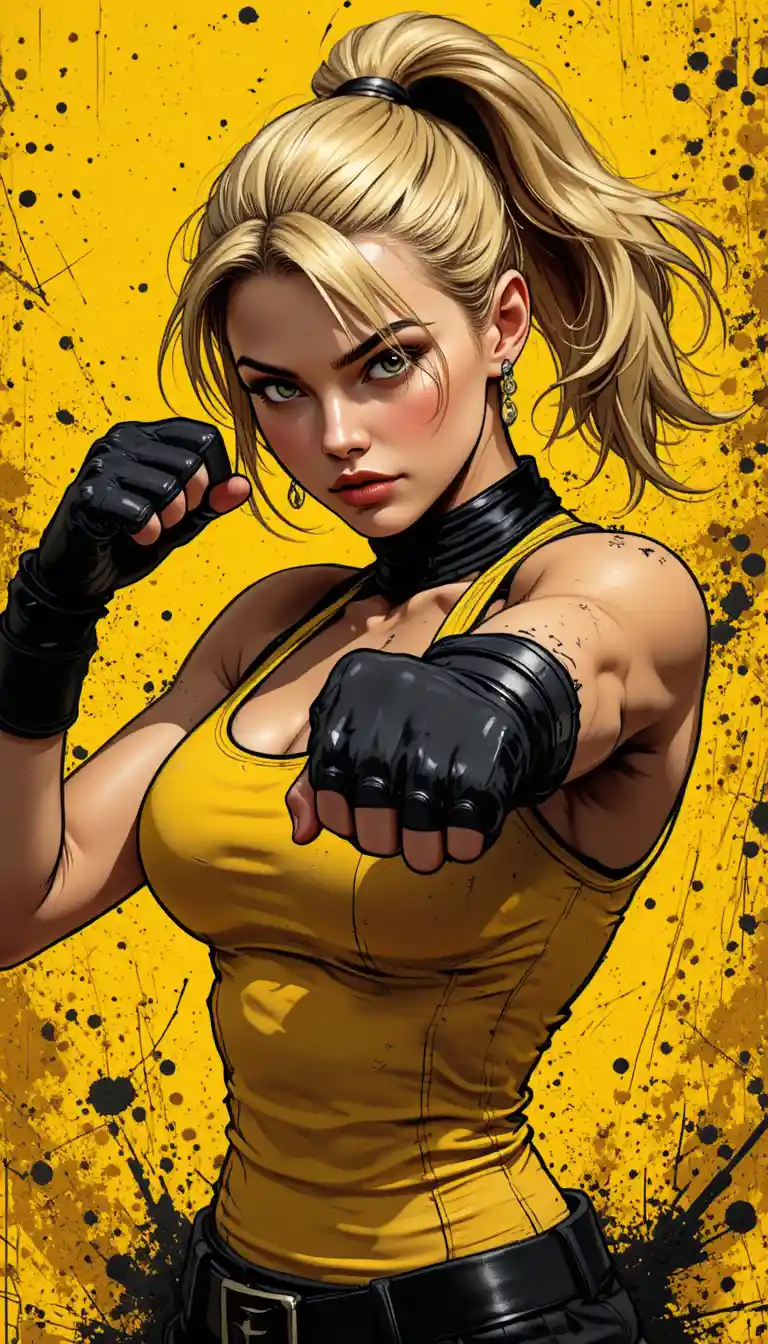 Blonde warrior woman punching against bold yellow splatter