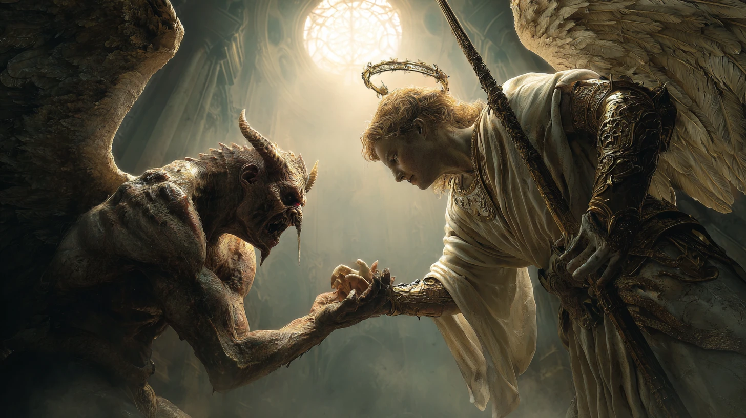 Demon Begging An Archangel For Redemption In Cathedral