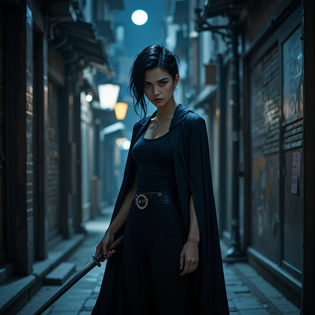 Dark haired warrior woman in a moonlit urban alley