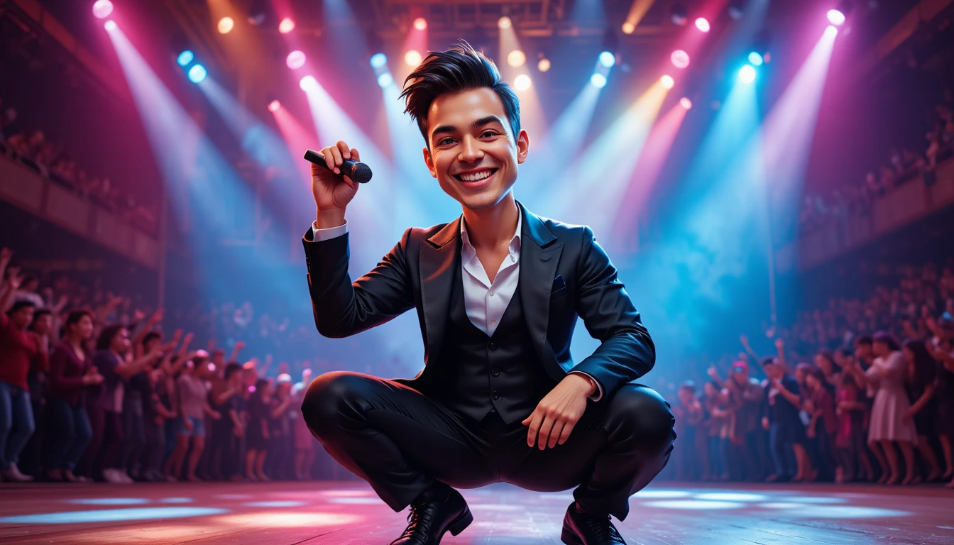 Uomo carismatico che si esibisce sul palco con un microfono in mano
