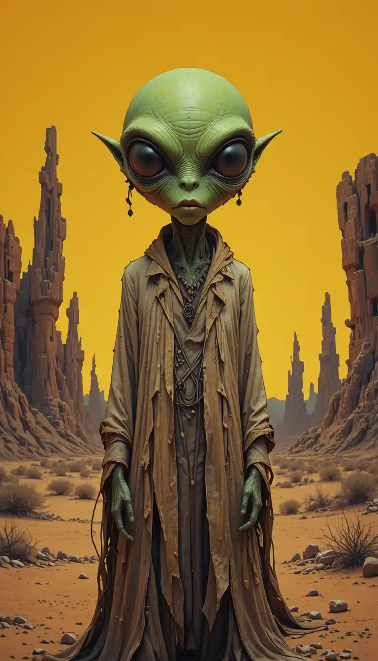 Surreal green alien in robes under a twisted desert sky