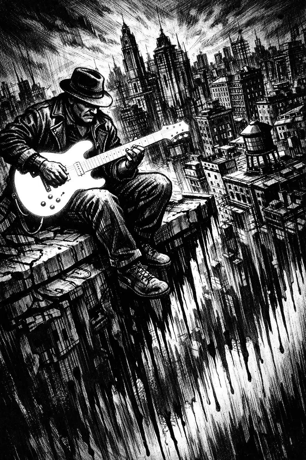 Blues guitarist on city rooftop in graphic novel noir style