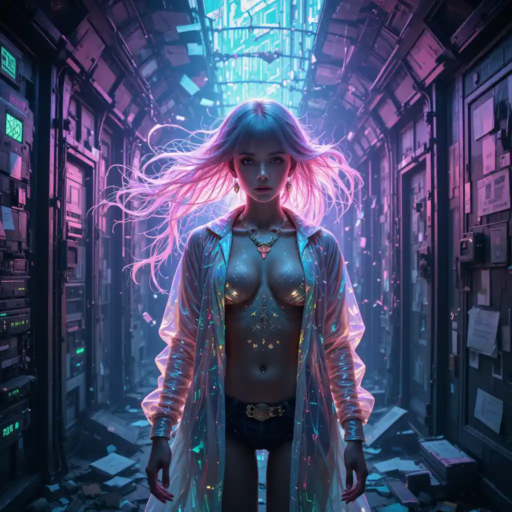 Surreal cyberpunk woman in a drowned futuristic data vault