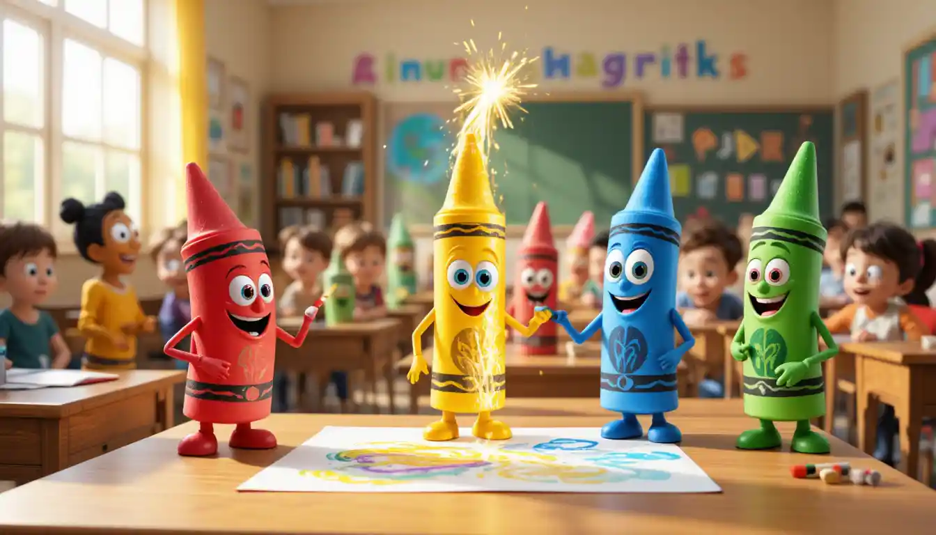 Pastelli a cera cartoon sorridenti che creano arte in una luminosa aula scolastica
