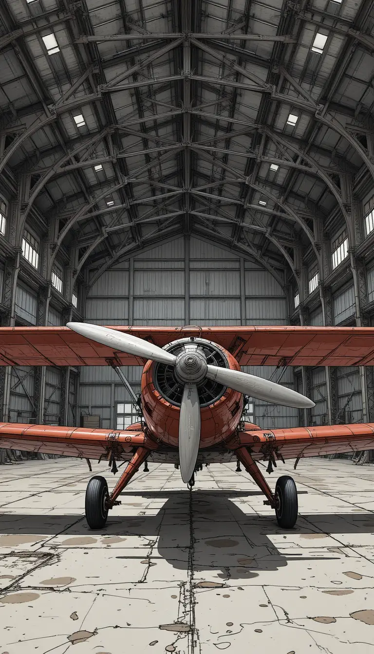 Vintage red biplane inside a vast industrial hangar