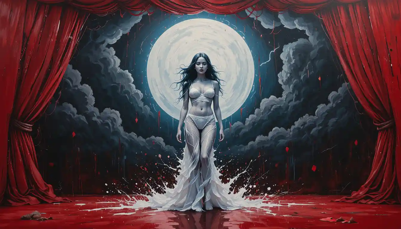 Woman in white paint on stage under crescent moon