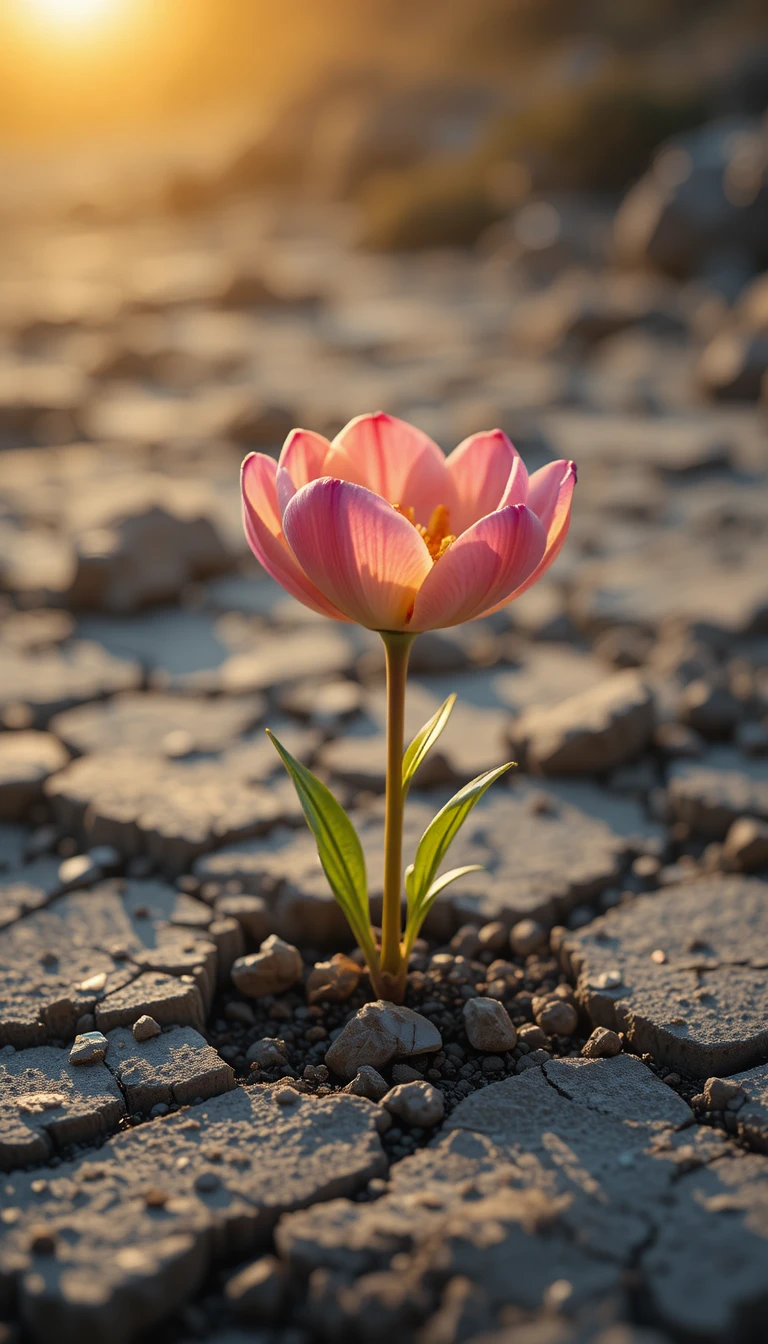 Goldene Blume, die bei Sonnenaufgang aus rissiger Erde erblüht