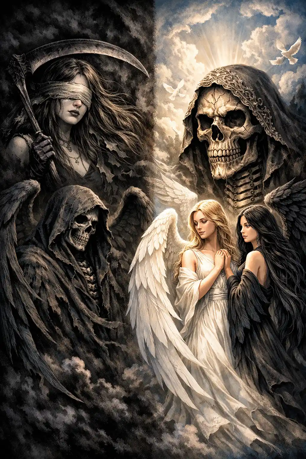 Angels And Death Figures In Eerie Balanced Composition