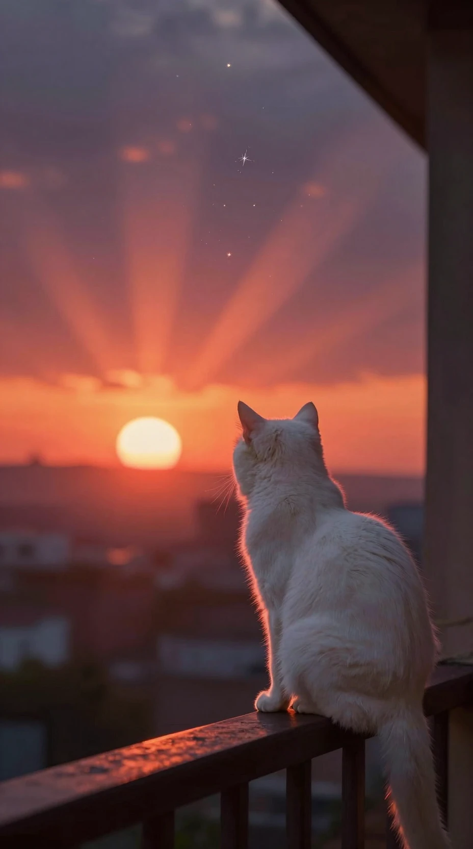 White cat on balcony watching a glowing sunset sky