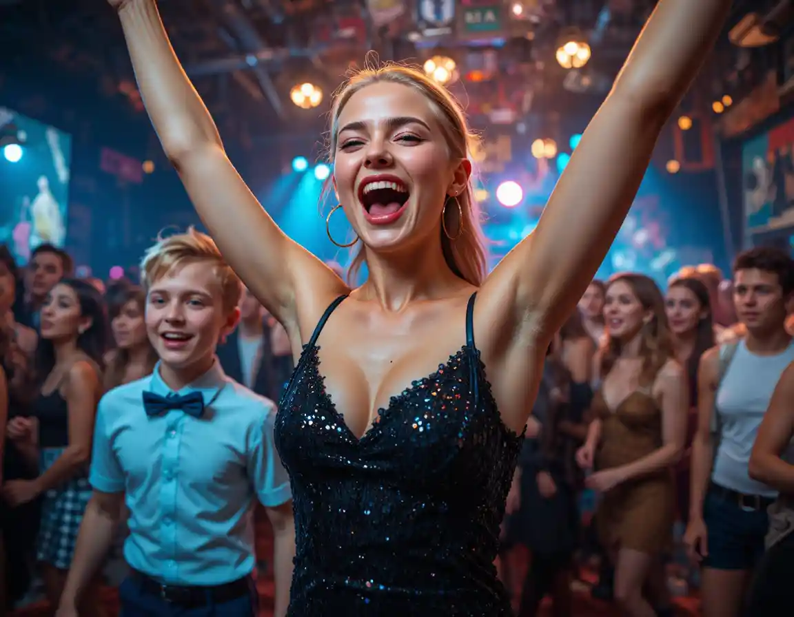 Excited blonde girl screaming with joy at a party
