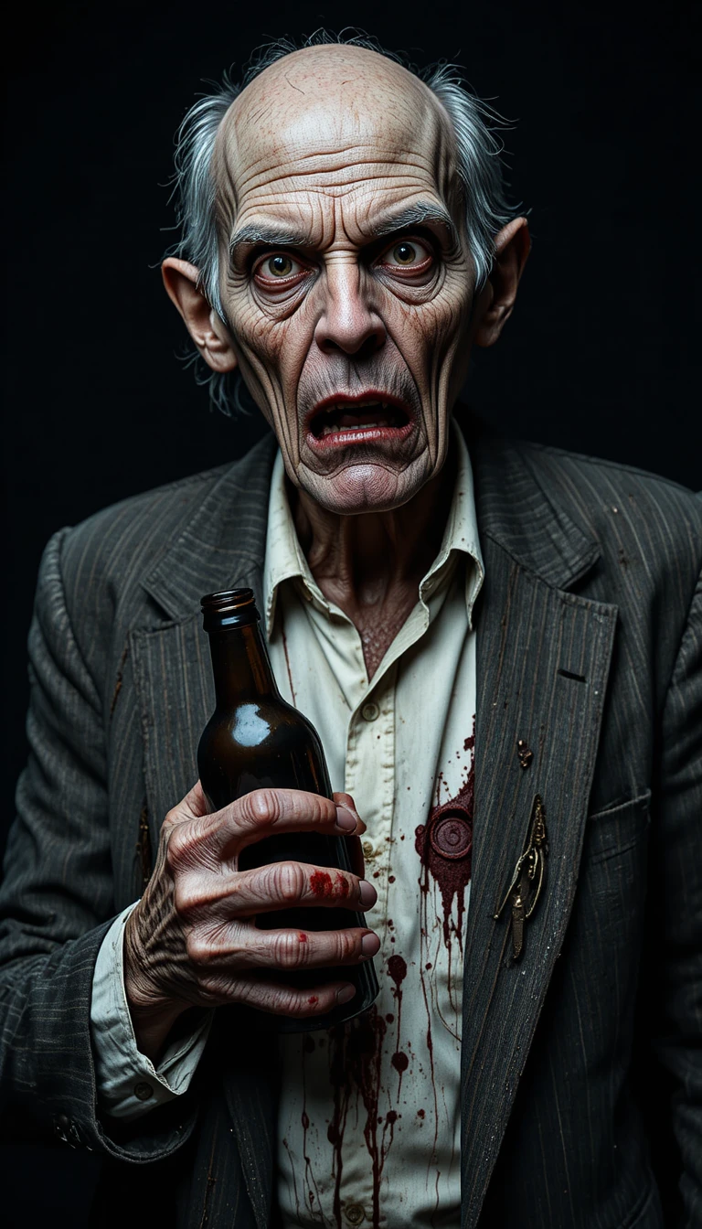 Disturbed old man clutching a bottle in darkness