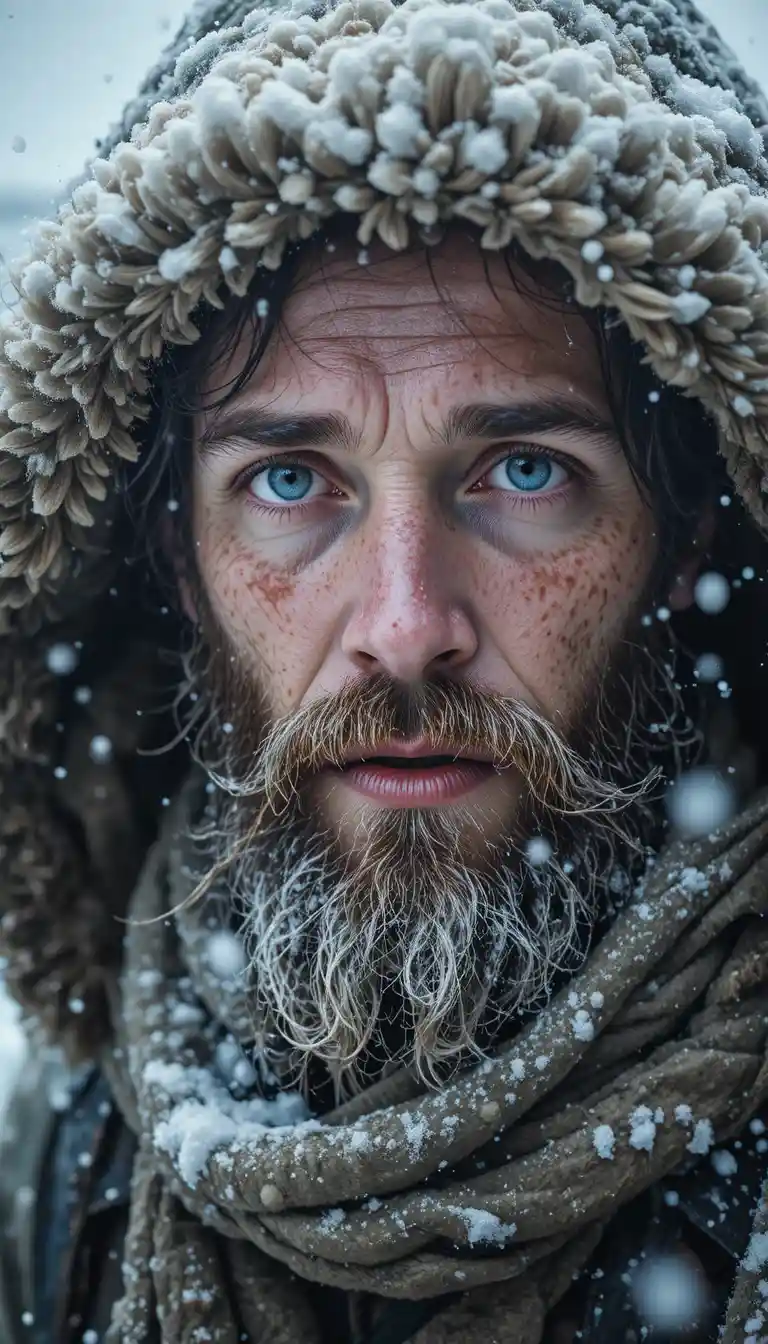 Worried bearded man in fur hood caught in snowstorm