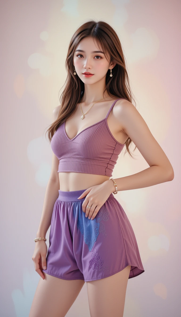 크롭 톱을 입은 스타일리시한 여성의 화사한 스튜디오 인물 사진