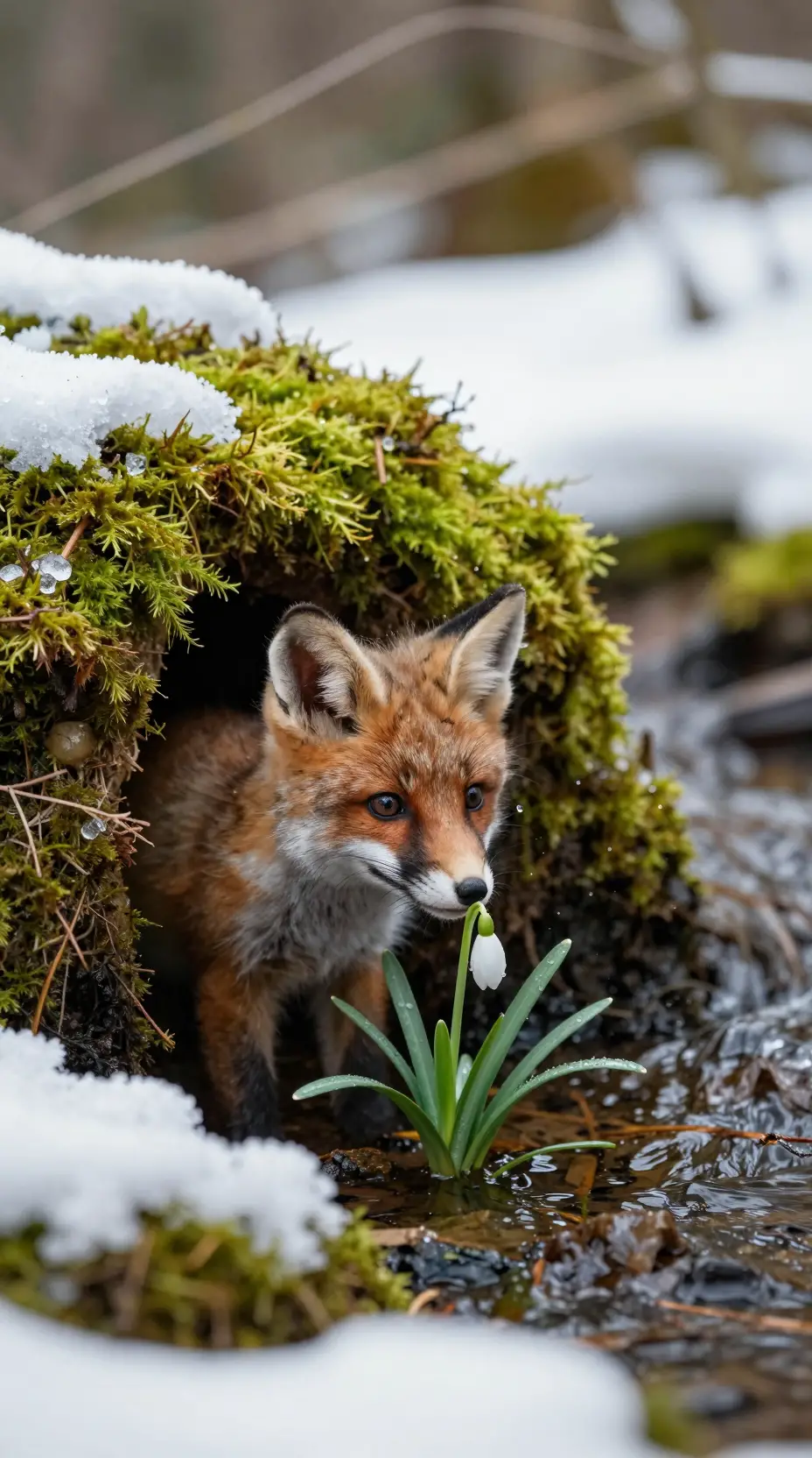 Tiny fox kit sniffing a dewy snowdrop in forest