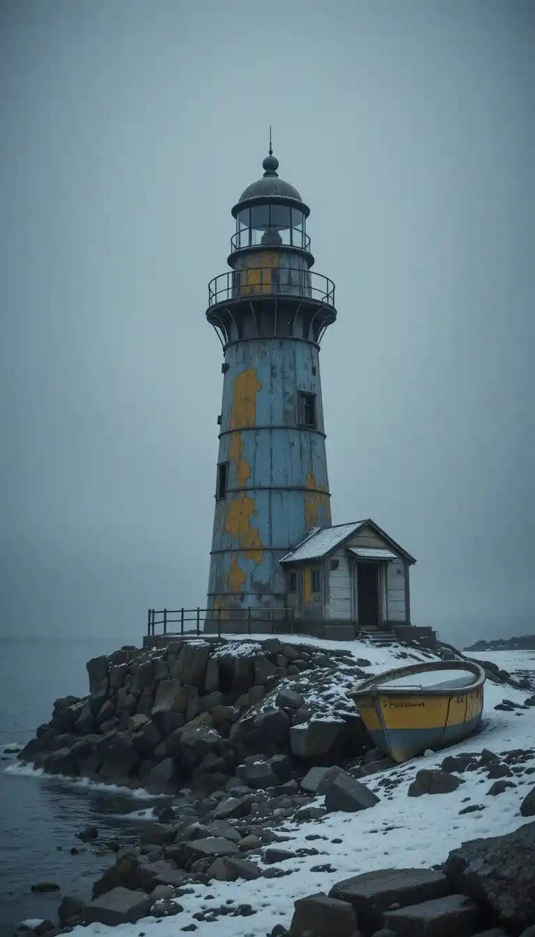 Weathered lighthouse on rocky coast in cold winter fog