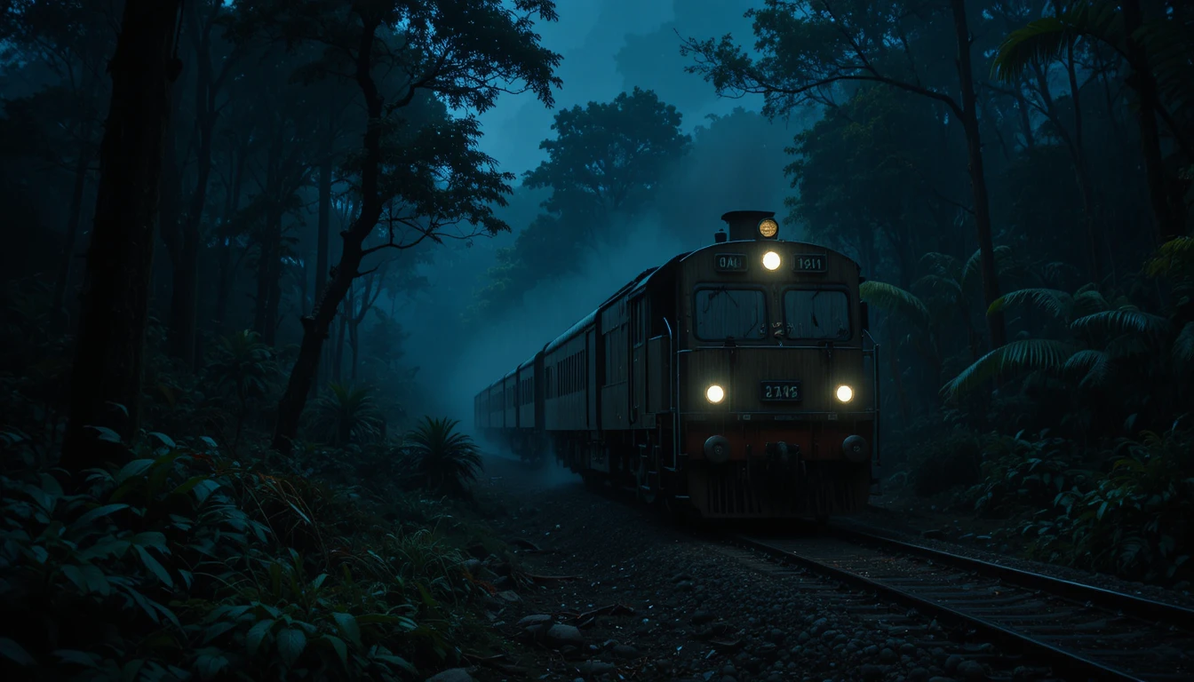Night train cutting through a foggy jungle in rain