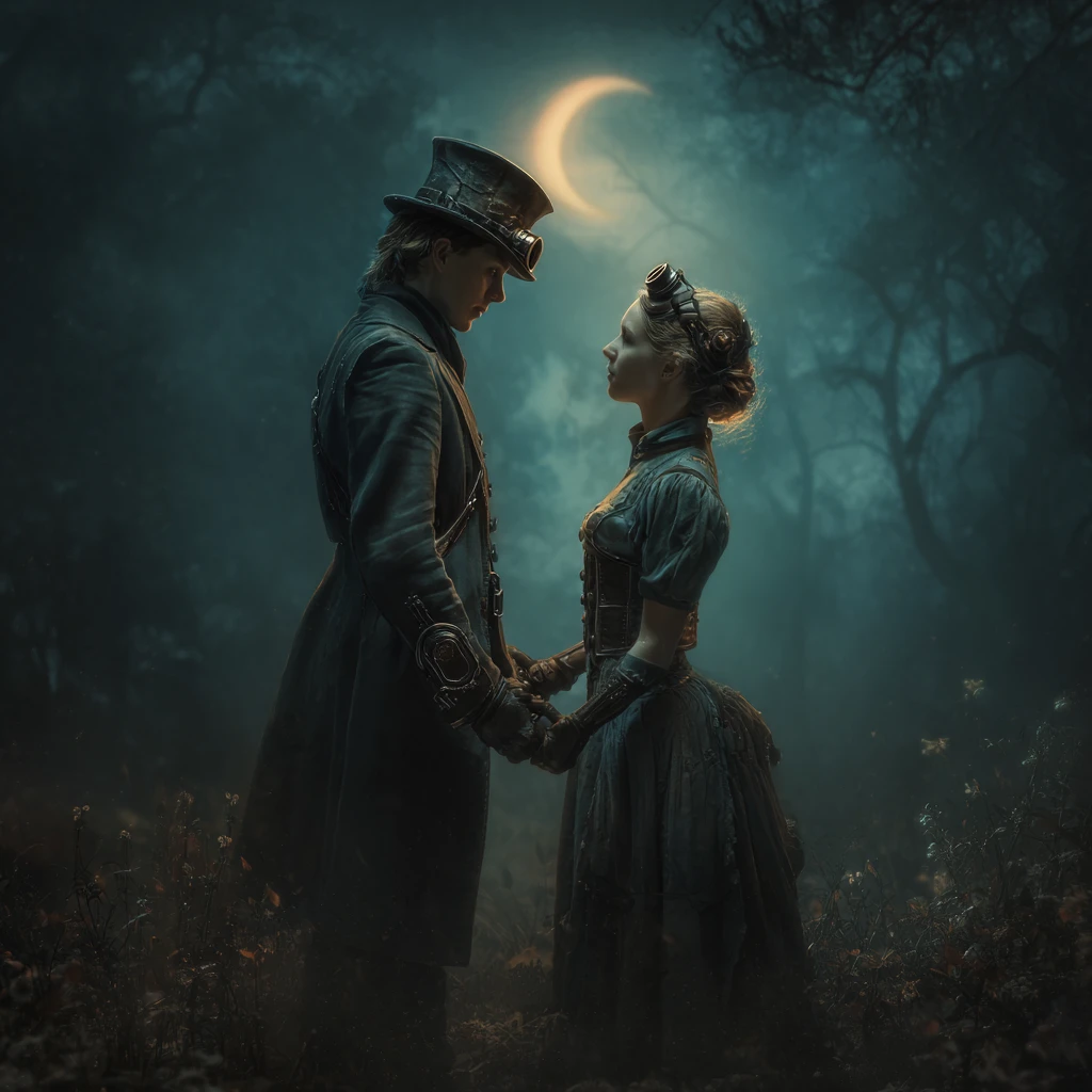 Dark steampunk couple holding hands in moonlit forest
