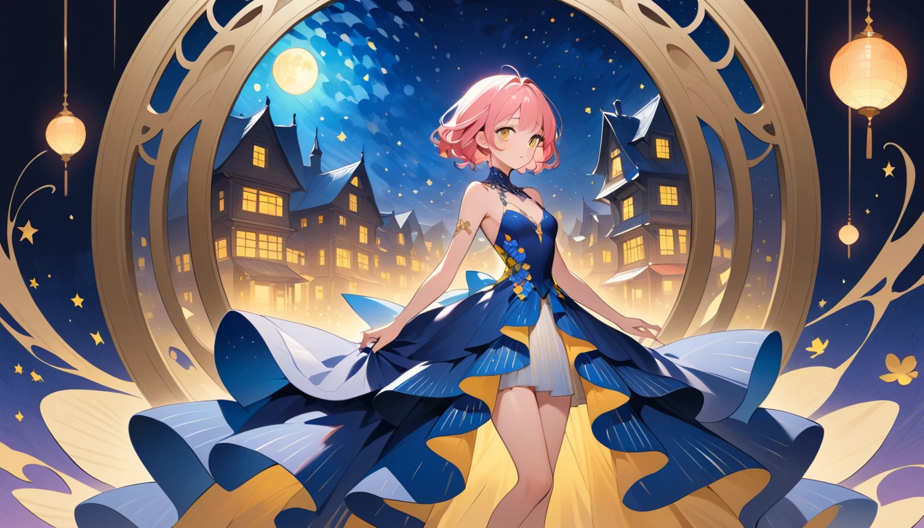 Donna elegante in abito couture che contempla la luna