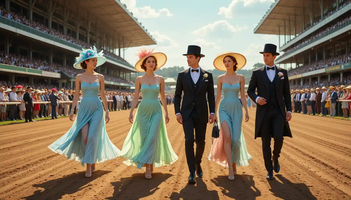 Elegant couple strolling along a sunny horse racetrack