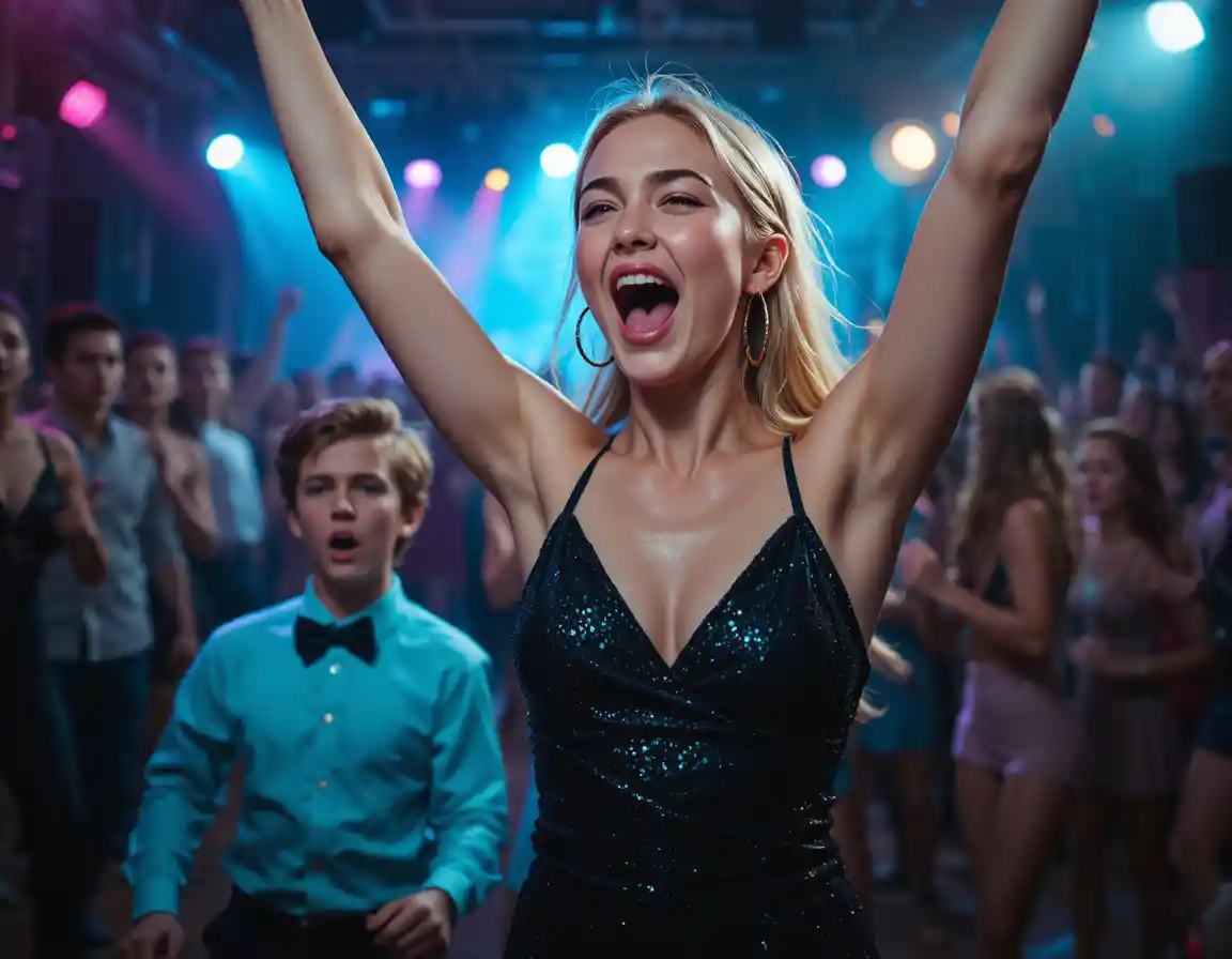 Young woman screaming with joy at crowded party