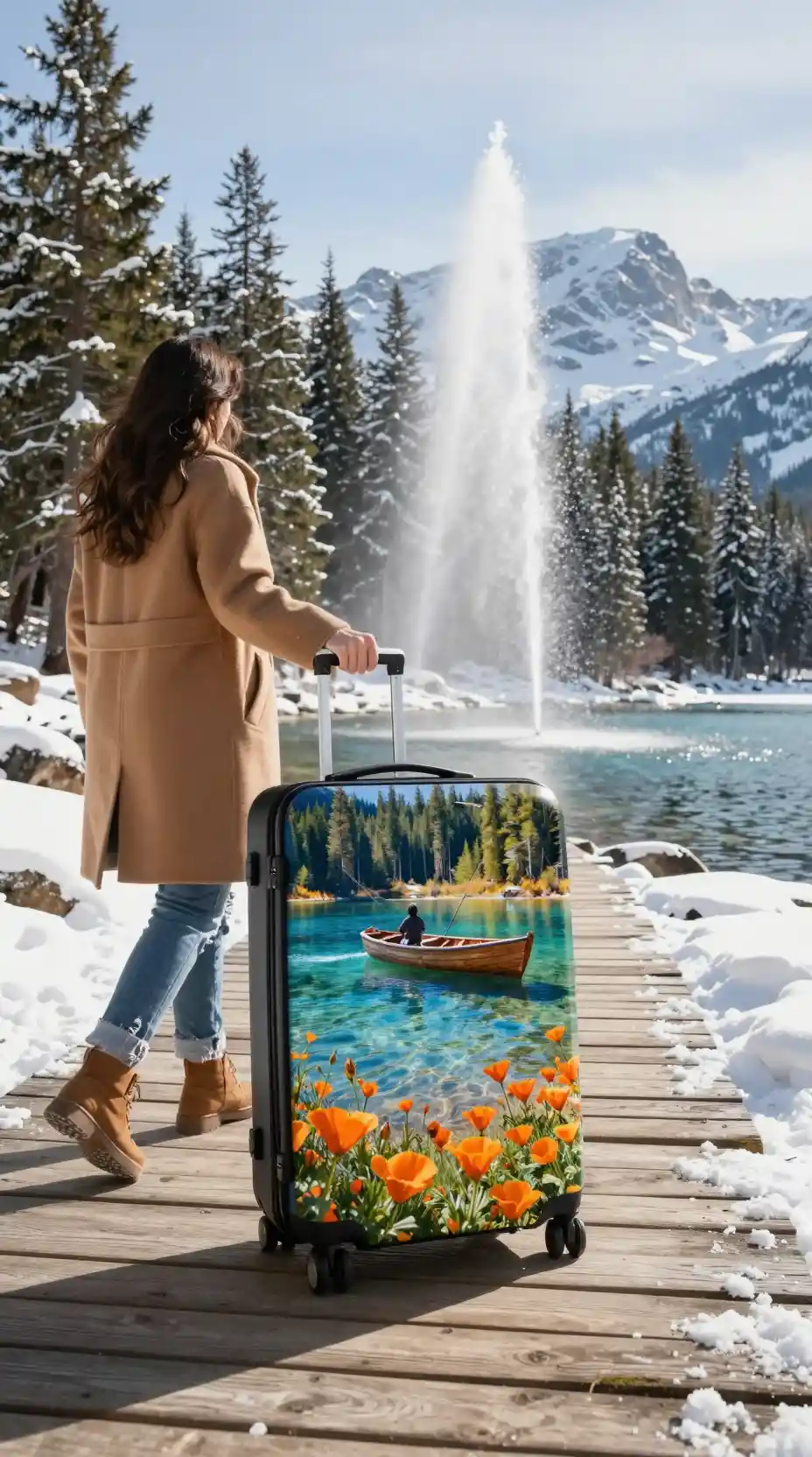 Woman with suitcase crossing a snowy mountain boardwalk