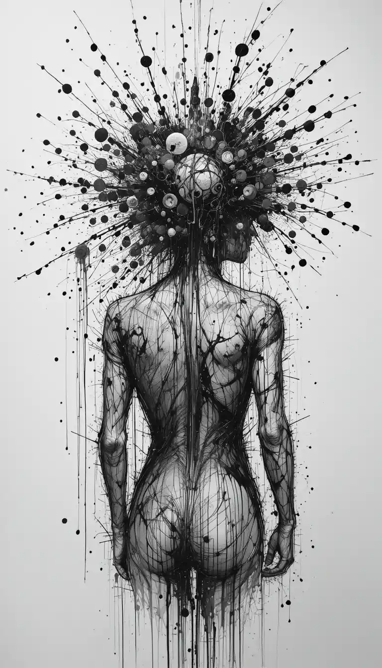 Abstract back view figure with exploding ink head