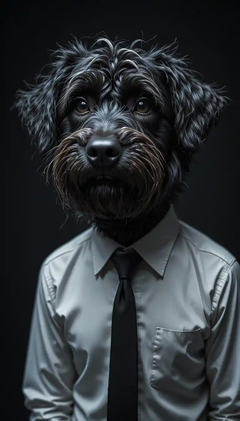 Scruffy black dog in shirt and tie portrait