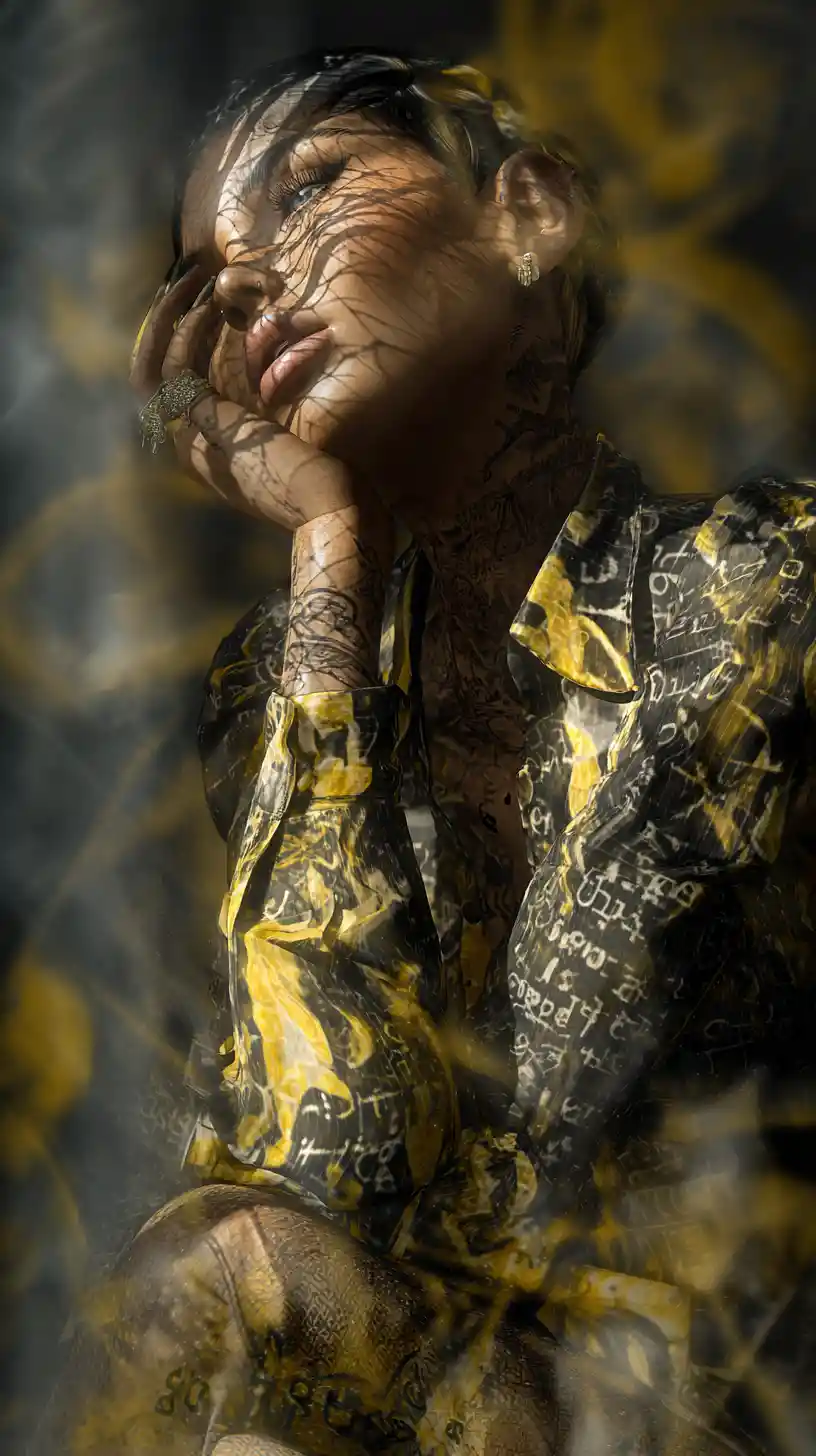 Yellow diamond watch resting across folded sleeves