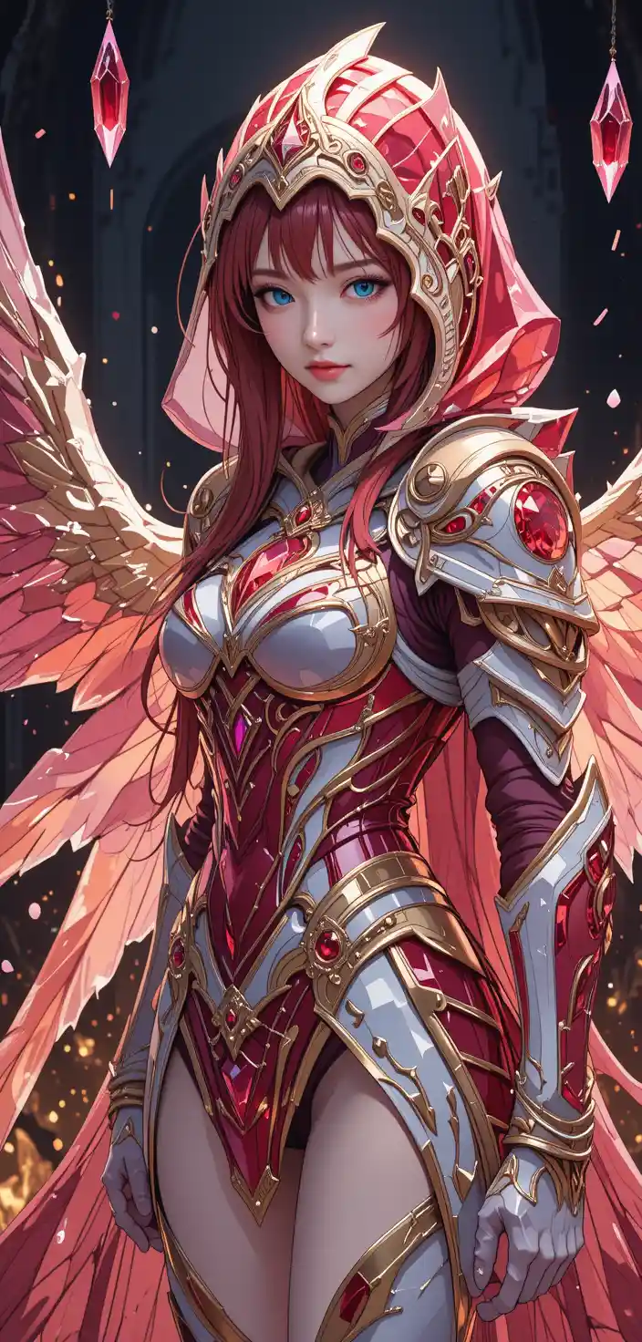 Crimson haired anime warrior with crystal wings and crown