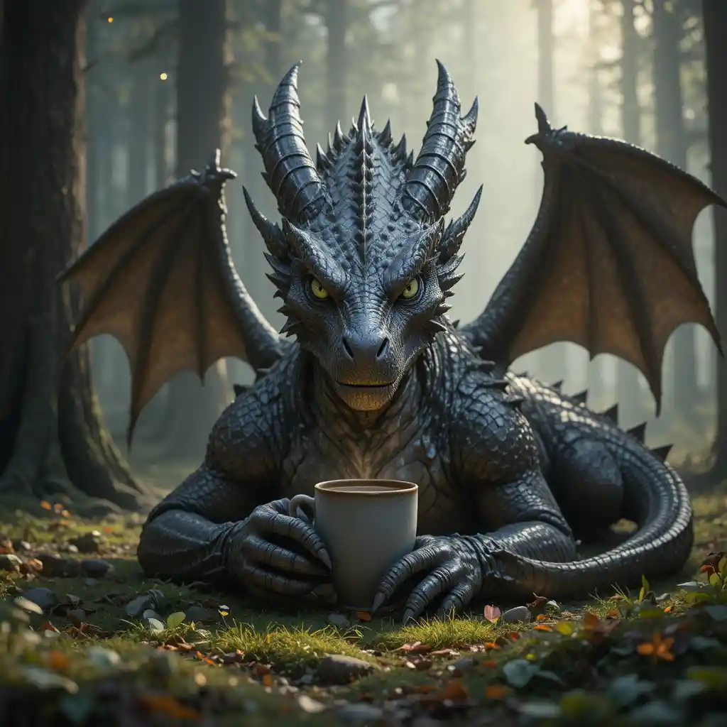 Dragon sirotant un café dans une forêt enchantée et paisible