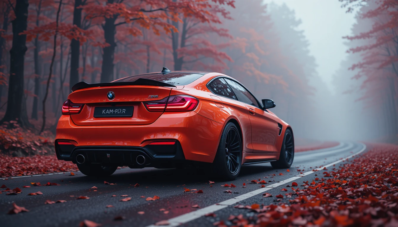 Auto sportiva BMW arancione neon su una strada di foresta avvolta nella nebbia