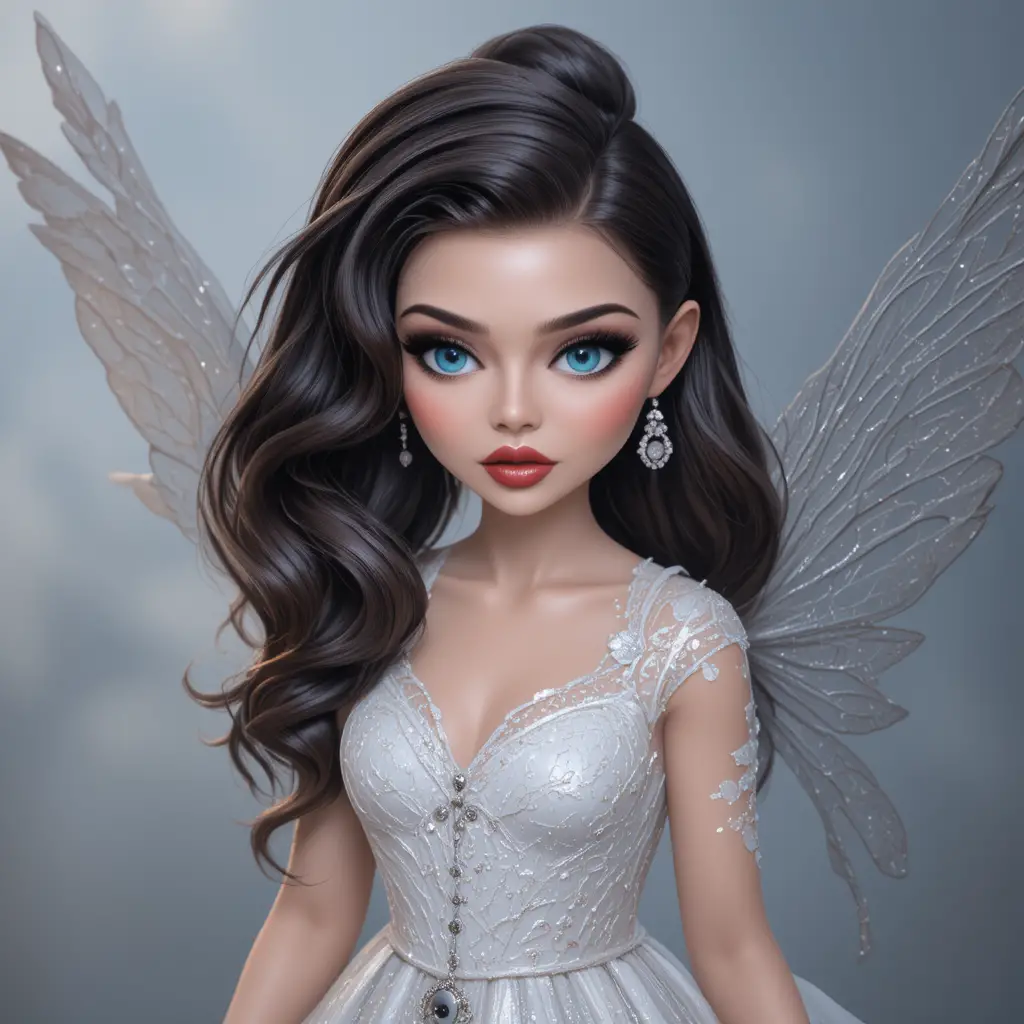 Mystical winged girl in white dress with foggy background