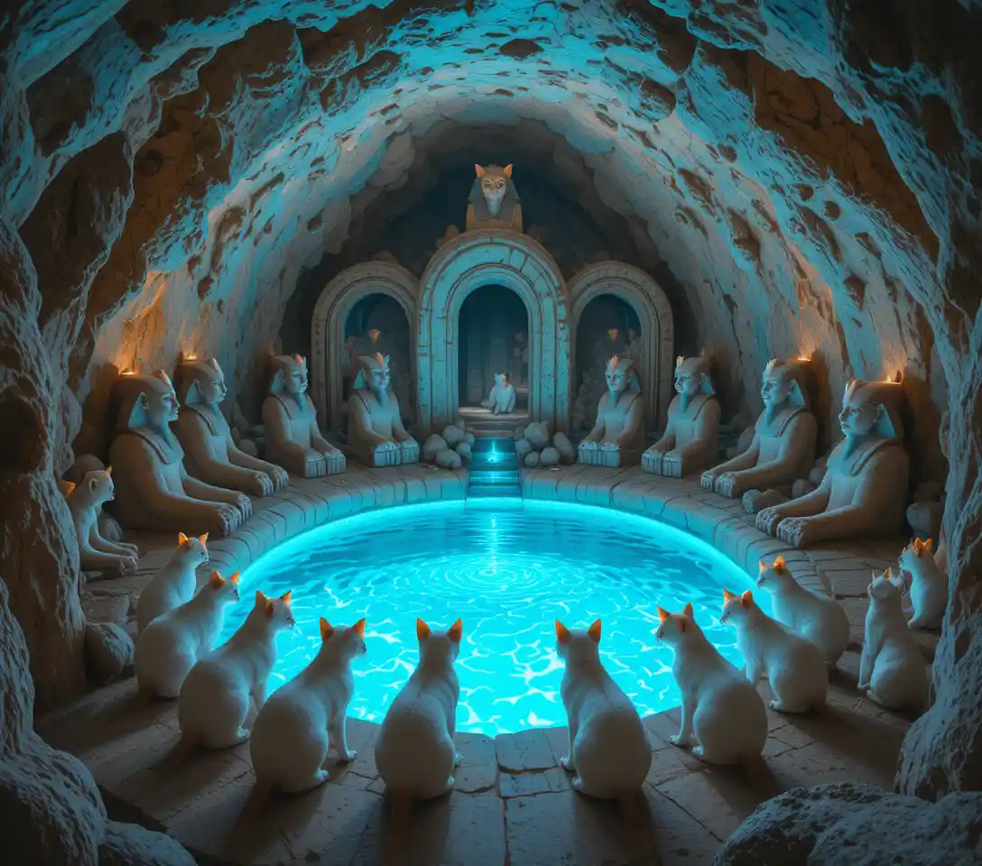 Mystical underground shrine with glowing pool and cats