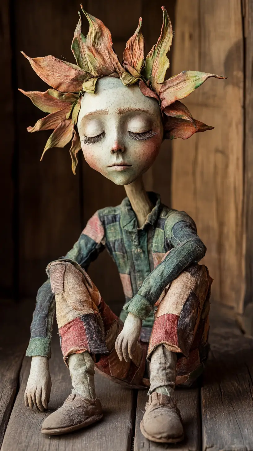 Melancholic surreal figure with wilted flower head