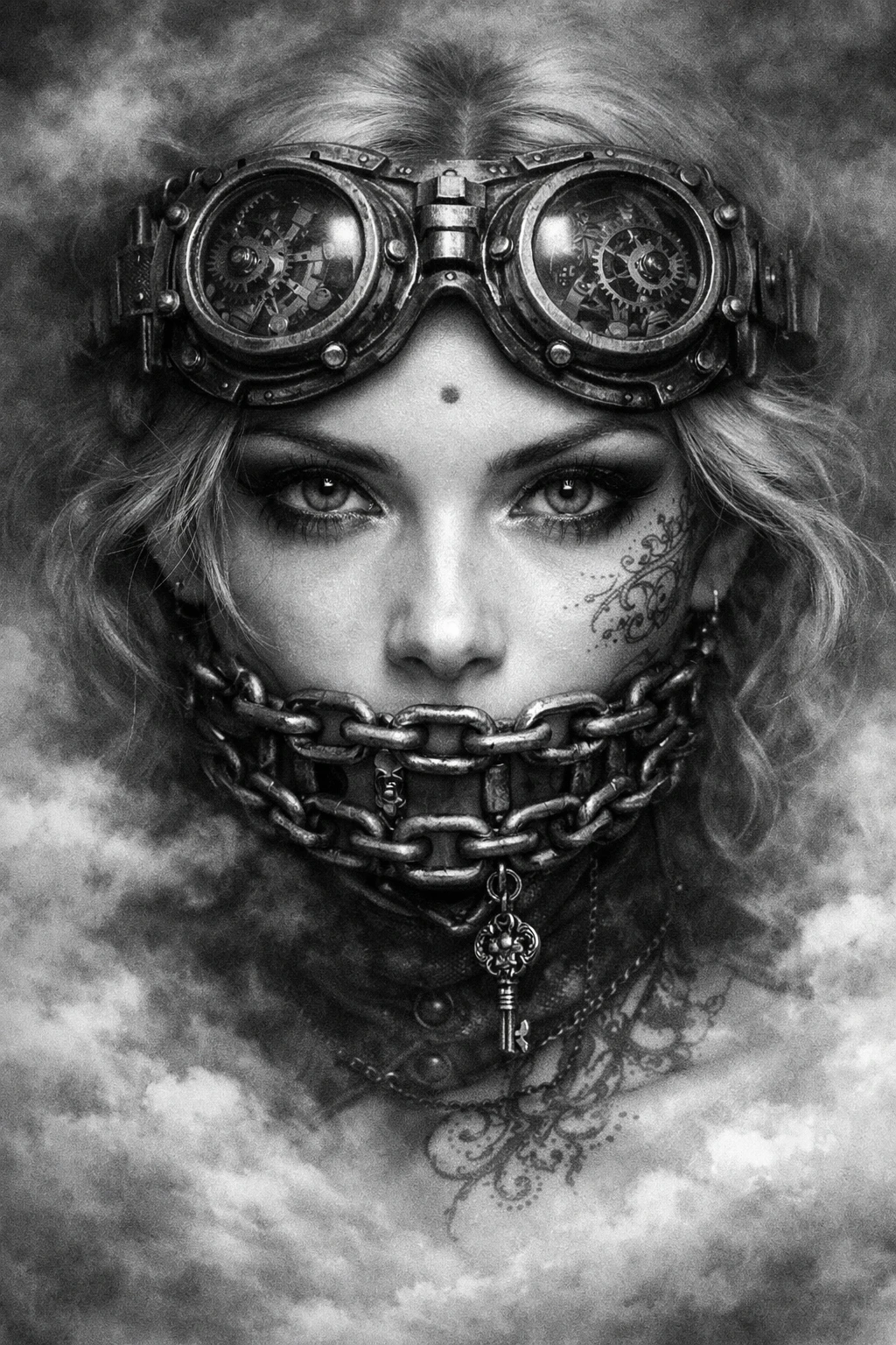 Monochrome steampunk woman portrait with chained mouth